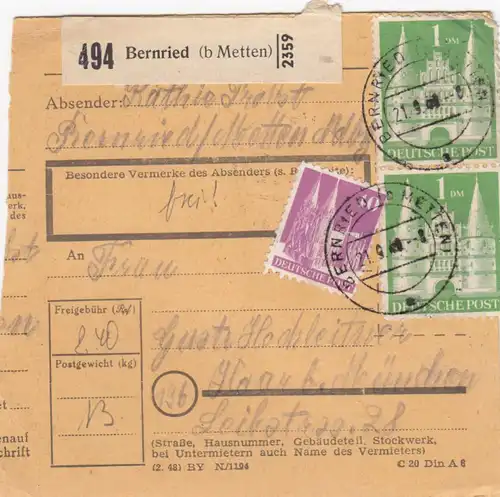 Carte de paquet BiZone 1948: Bernried après Haar près de Munich