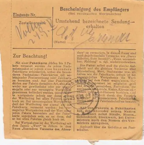 BiZone Paketkarte 1948: Bernried nach Haar bei München