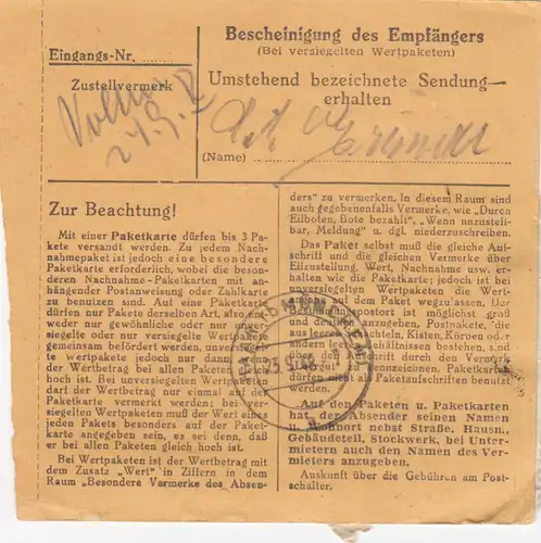 Carte de paquet BiZone 1948: Bernried après Haar près de Munich