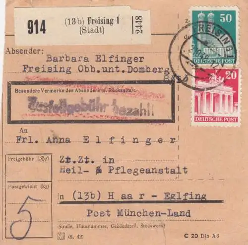 BiZone Paketkarte 1948: Freising nach Heil- und Pflegeanstalt in Haar-Eglfing