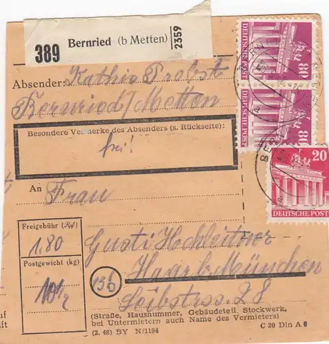 BiZone Paketkarte 1948: Bernried b. Metten nach Haar b. münchen