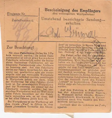 Carte de paquet BiZone 1948: Bernried b. Metten selon les cheveux b . moule