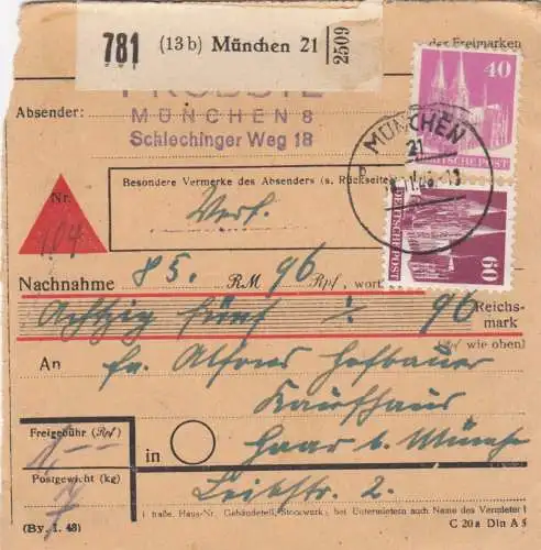 Carte de paquet BiZone 1948: Munich après Haar b. Munich, Acceptation