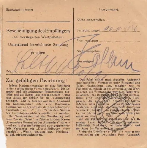 Carte de paquet BiZone 1948: Munich après Haar b. Munich, Acceptation