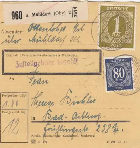 Carte de paquet 1946: Mühldorf vers Bad-Aibling