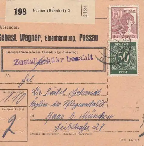 Paketkarte 1948: Passau nach Haar, Ärztin der Pflegeanstalt