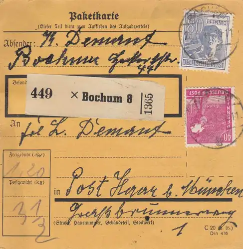 Carte de paquet 1948: Bochum après Post Haar b. Munich