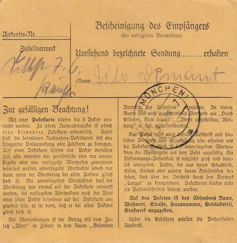 Carte de paquet 1948: Bochum après Post Haar b. Munich