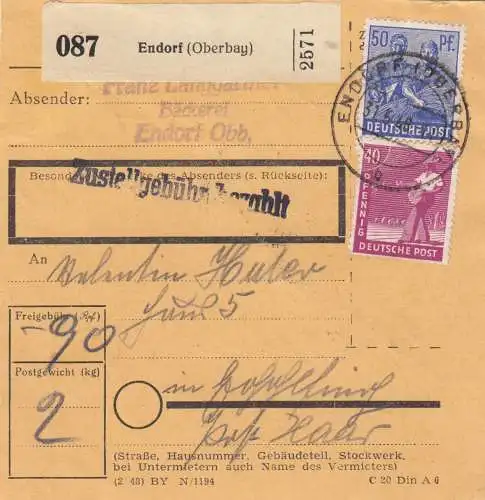 Paketkarte 1948: Endorf nach Gräfelfing