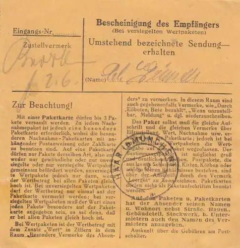 Paketkarte 1948: Endorf nach Gräfelfing