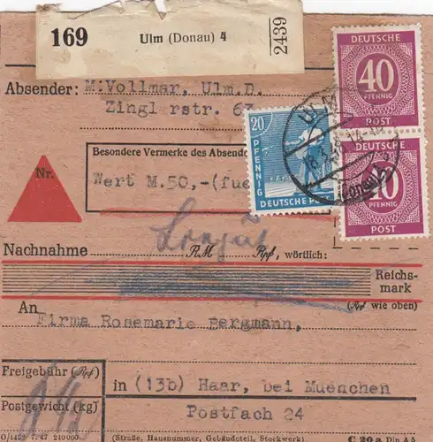 Paketkarte 1948: Ulm nach Haar b. München, Wertpaketkarte