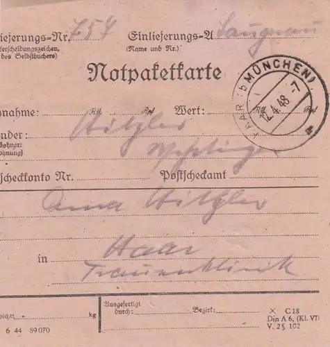 Paketkarte 1948:  Langenau nach Haar, Notpaketkarte