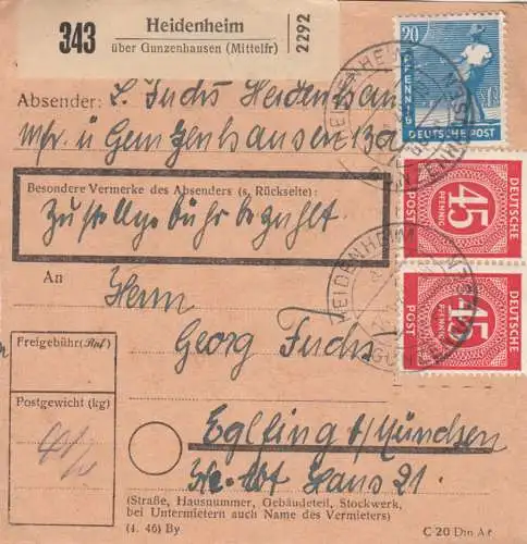 Carte de paquet 1948: Heidenheim vers Eglfing b. Munich