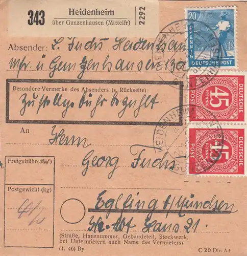 Paketkarte 1948: Heidenheim nach Eglfing b. München