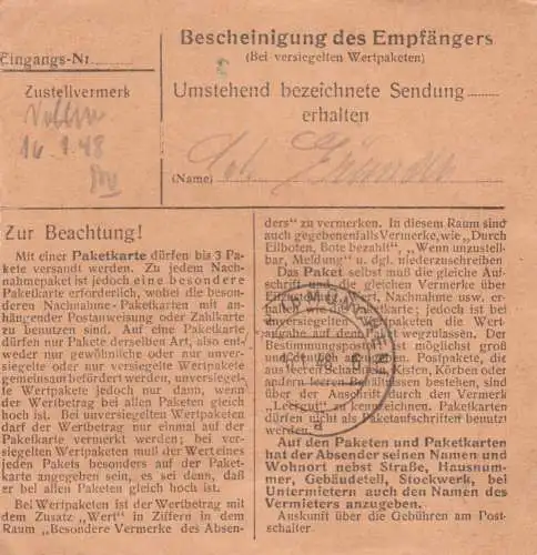 Carte de paquet 1948: Heidenheim vers Eglfing b. Munich