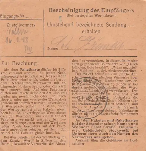 Paketkarte 1948: Heidenheim nach Eglfing b. München