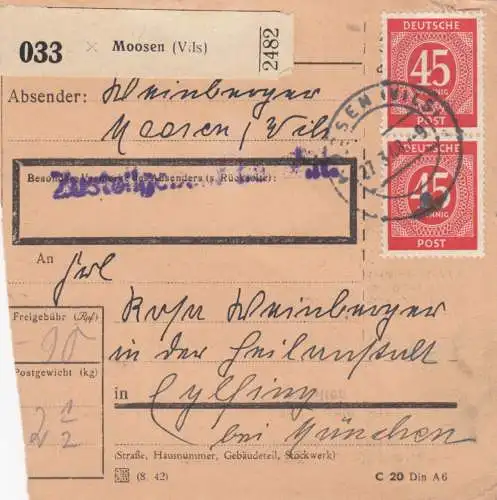 Paketkarte 1948: Moosen nach Heilanstalt in Eglfing