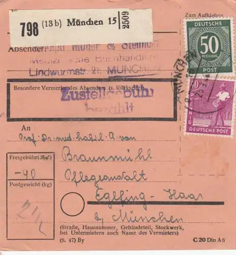 Paketkarte 1948: München nach Eglfing-Haar, Pflegeanstalt