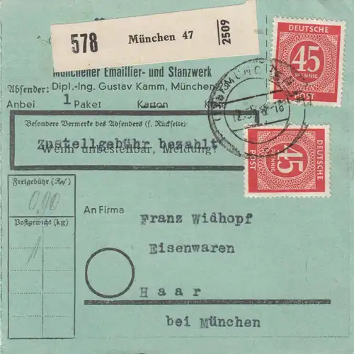 Paketkarte 1948: München nach Haar, seltenes Formular