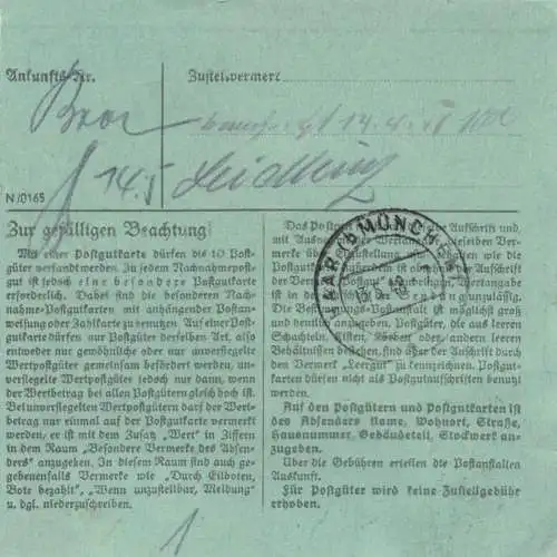 Paketkarte 1948: München nach Haar, seltenes Formular