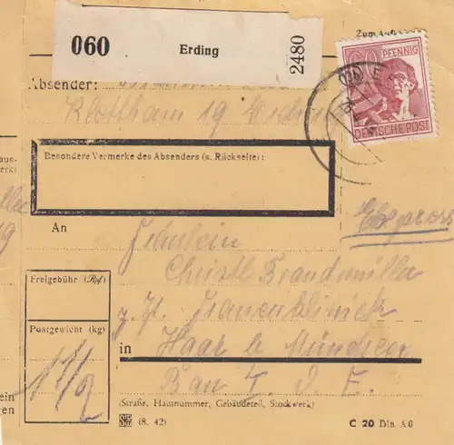 Carte de paquet 1948: Erding après Haar b. Munich, Fauenklinik