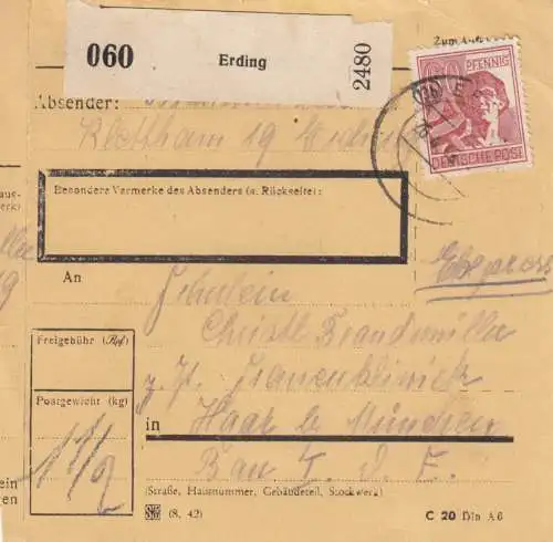 Paketkarte 1948: Erding nach Haar b. München, Frauenklinik