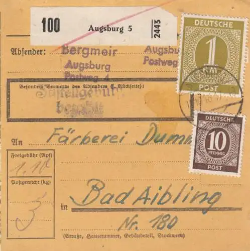 Carte de paquet 1946: Augsbourg vers Bad Aibling, Farberie