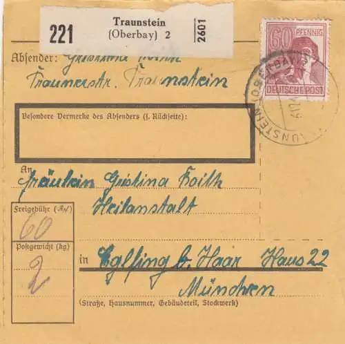 Paketkarte 1947: Traunstein nach Eglfing, Heilanstalt