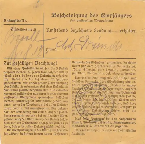 Carte de paquet 1947: Traunstein après Eglfing, asile