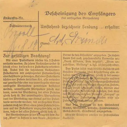 Paketkarte 1947: Traunstein nach Eglfing, Heilanstalt