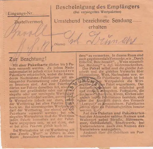 Paketkarte 1947: Pfaffenhofen nach Eglfing Haar
