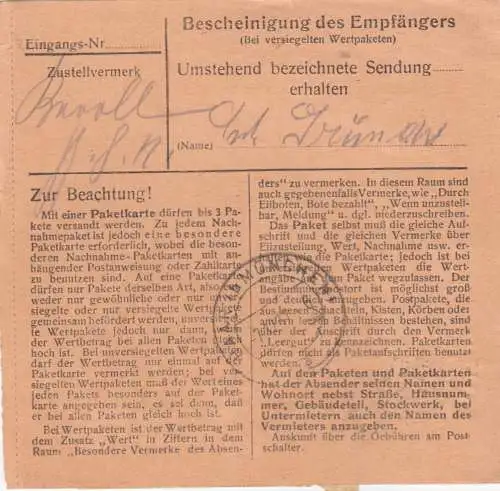 Paketkarte 1947: Pfaffenhofen nach Eglfing Haar