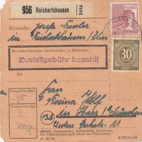 Paketkarte 1948: Reichertshausen nach Haar / München