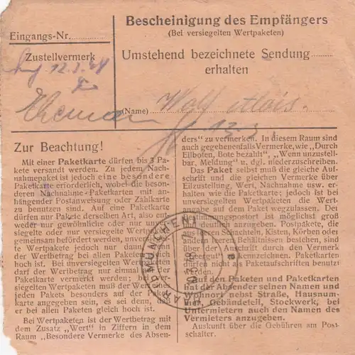 Carte de paquet 1948: Reichertshausen vers Haar / Munich
