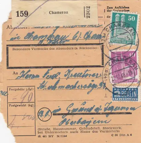 Carte de paquet BiZone 1948: Chamerau vers Gmund am Tegernsee