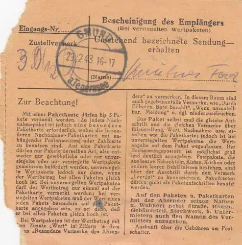 BiZone Paketkarte 1948: Chamerau nach Gmund am Tegernsee