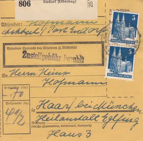 BiZone Paketkarte 1948: Endorf nach Haar bei München, Heilanstalt Eglfing
