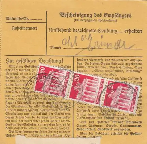 BiZone Paketkarte 1948: Endorf nach Haar bei München, Heilanstalt Eglfing