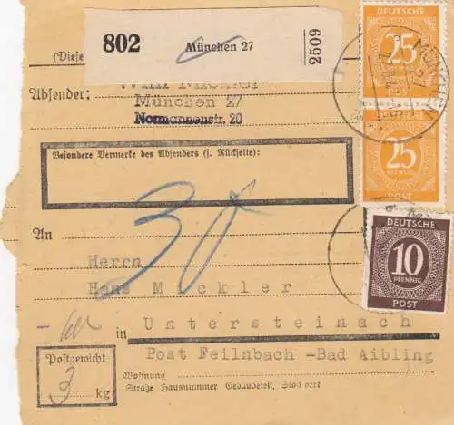 Paketkarte 1947: München nach Untersteinach