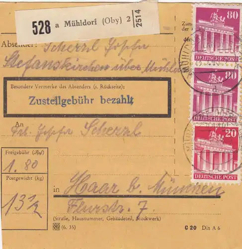 BiZone Paketkarte 1948: Mühldorf nach Haar b. München