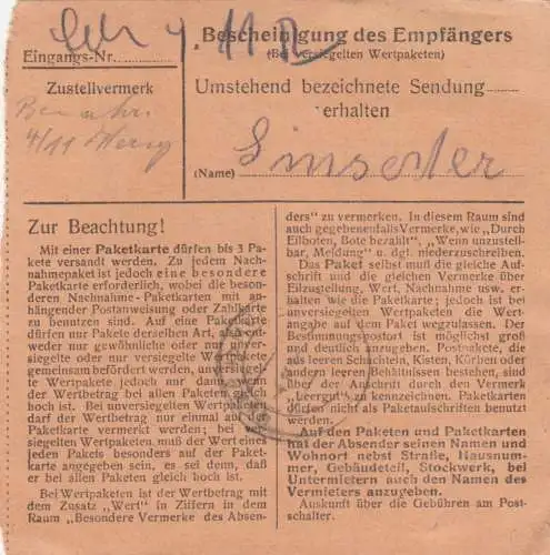 BiZone Paketkarte 1948: Dorfen Markt nach Haar b. München