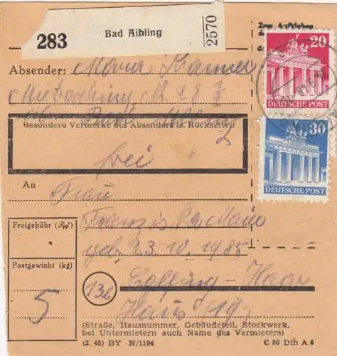 Carte de paquet BiZone 1948: Bad Aibling vers Eglfing-Haar