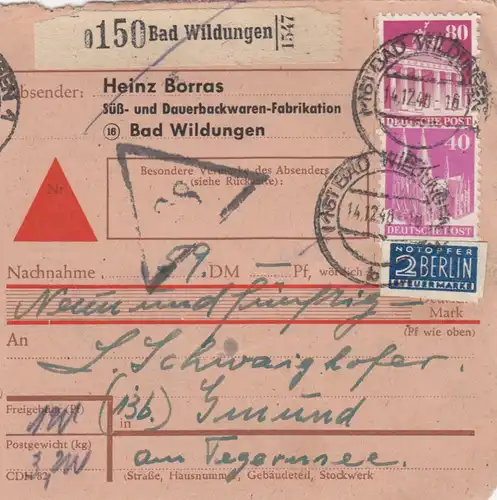 BiZone Paketkarte 1948: Bad Wildungen nach Gmund am Tegernsee, Nachnahme