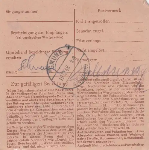 Carte de paquet BiZone 1948: Bad Wildungen vers Gmund am Tegernsee, Acceptation