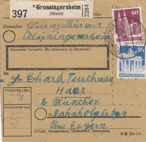 Carte de paquet BiZone 1948: Grossingersheim à Haar près de Munich