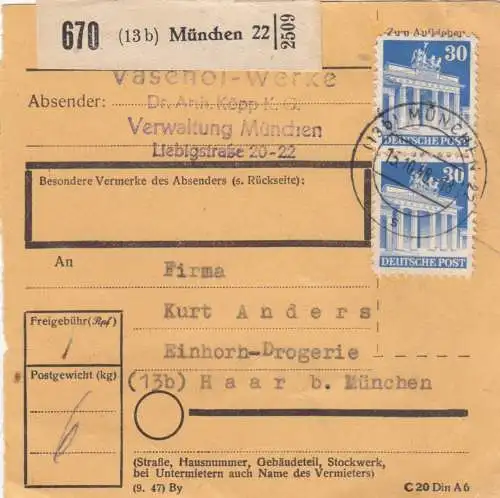 BiZone Paketkarte 1948: München nach Haar b. München