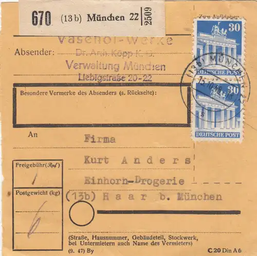 Carte de paquet BiZone 1948: Munich après Haar b. Munich