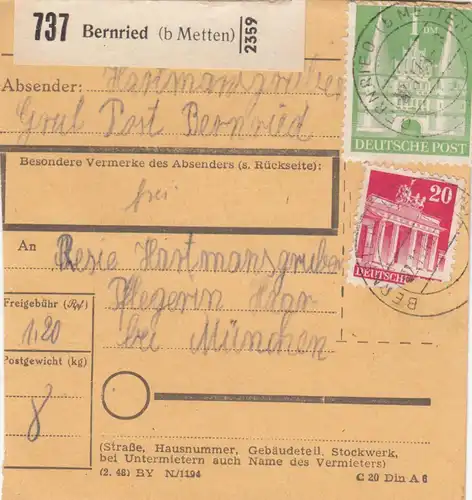 BiZone Paketkarte 1948: Bernried nach Haar b. München, Pflegerin