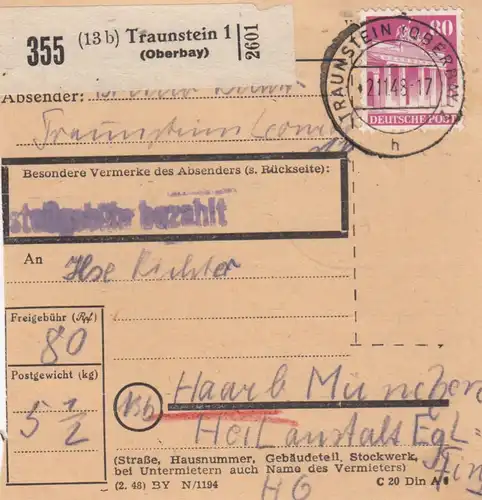 BiZone Paketkarte 1948: Traunstein nach Haar