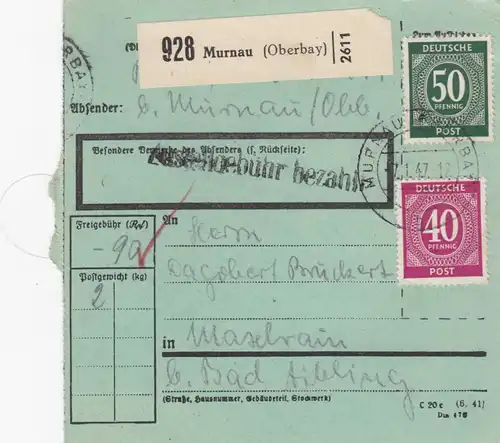 Carte de paquet 1947: Murnau vers Mastrain près de Bad Aibling, formulaire rare